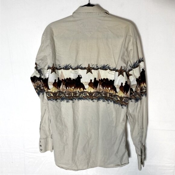 Vintage Panhandle Slim Beige Cowboy Horses Landscape Print Pearl Snap Shirt L - Picture 11 of 12